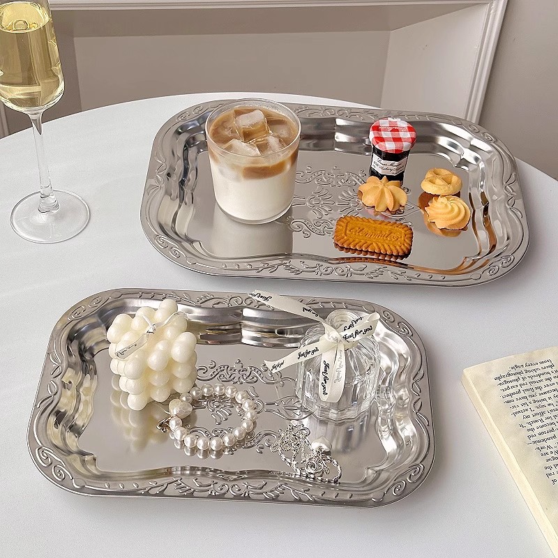 Home Cooking Recipes - Plateau décoratif Vintage en acier inoxydable,